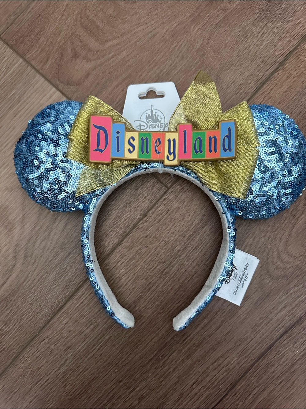 Disney Blue Sequin Minnie Ears Headband with Gold Bow and Disneyland Plaque New